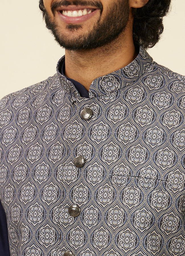 alt message - Manyavar Men Dark Blue Medallion Patterned Nehru Jacket image number 1